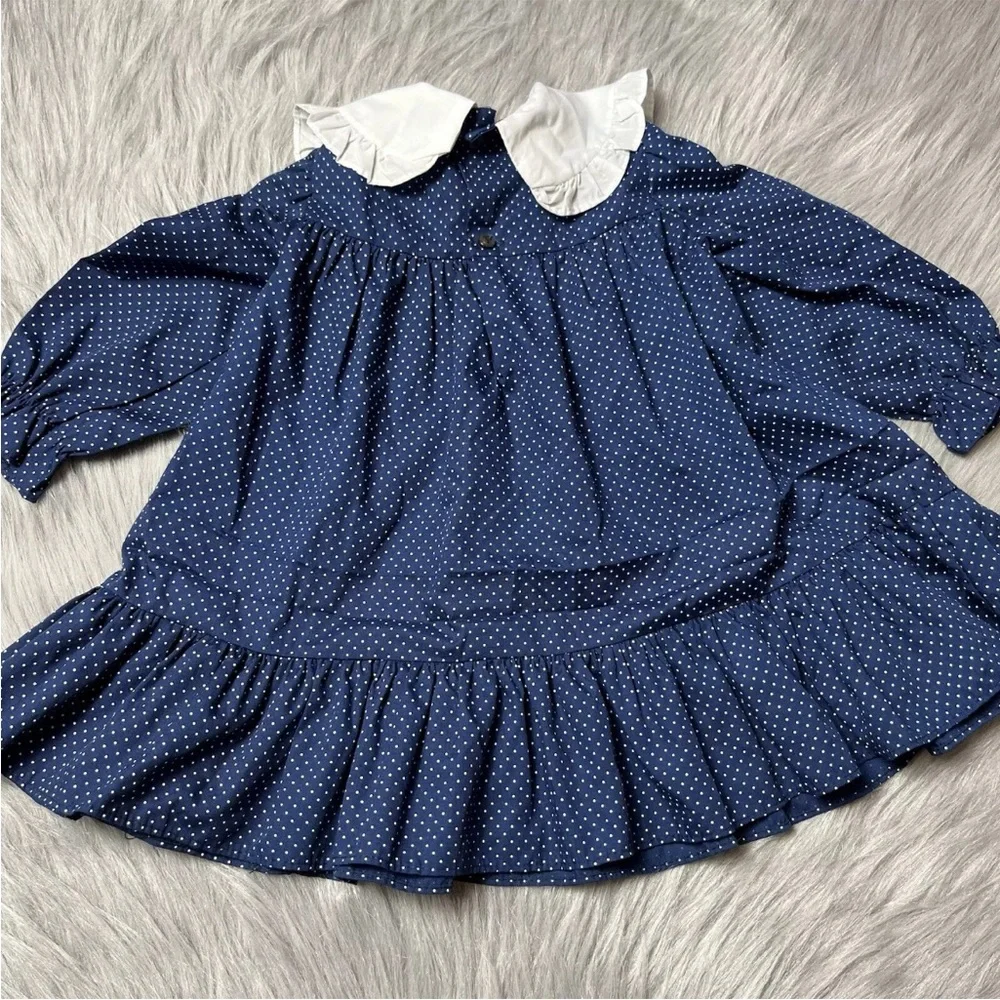 Vintage Polly Flinders Toddler Girls Dress Navy Red White Dot Smocked